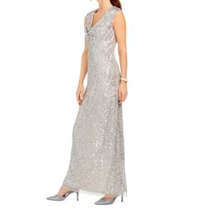 ADRIANNA PAPELL - Sleeveless Cowl Neck Sequin Evening Gown - Silver - Sz…